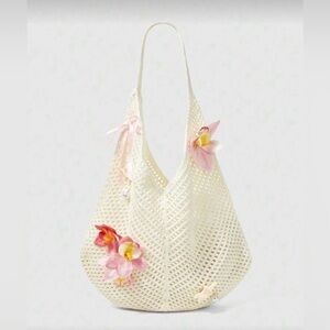 Cream Crochet Shoulder Bag with Pink Floral Accents